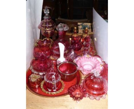 Collection of Victorian and later cranberry glass, some enamel decorated