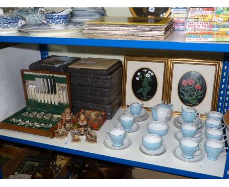 Collectors plates, canteen of cutlery, five Hummel figures, Royal Stafford tea set, floral pictures, etc