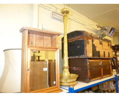 Vintage dome top trunk and canvas bound trunk, standard lamp and shade and pine bathroom cabinet (4)
