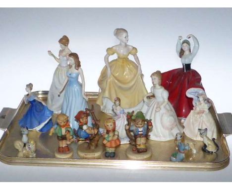 Six Royal Doulton and two Coalport figures, four Hummel figures and five Wade Disney characters