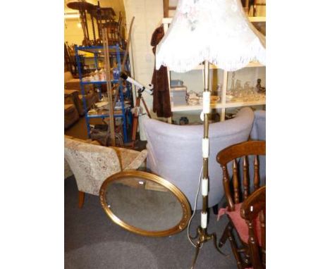 Onyx and brass tripod standard lamp and shade and three oval wall mirrors (4)