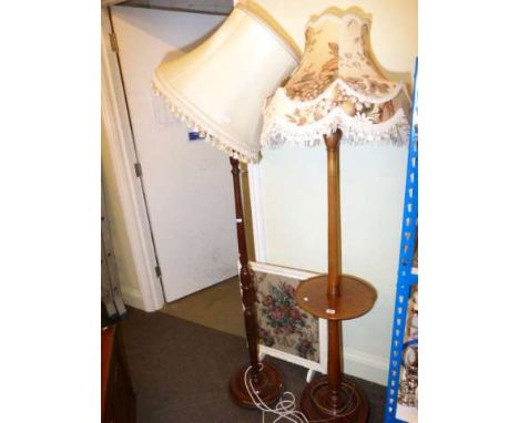 Two standard lamps and shades, floral tapestry panel firescreen, pair kitchen chairs and stool (6)