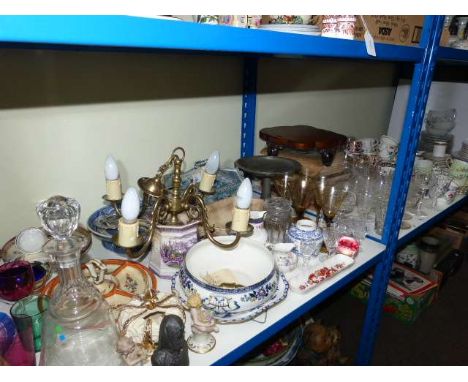 Collection of teaware, glassware, light fitting, books, wood stand, etc