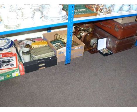 Three vintage suitcases, oak mantel clock, copper and brass ware, books, etc