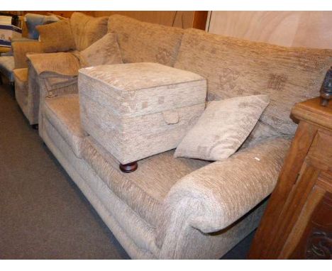 Three seater settee, chair and box stool in light brown fabric