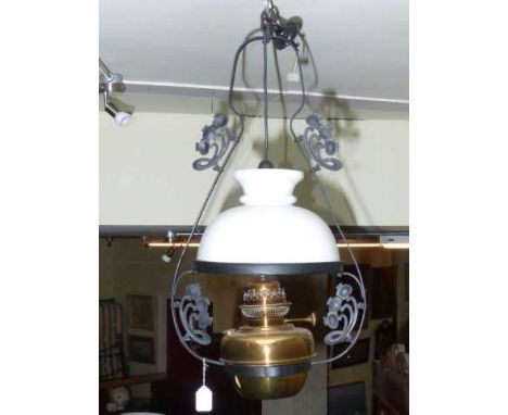 Wrought metal hanging oil lamp with copper reservoir and opaque glass shade