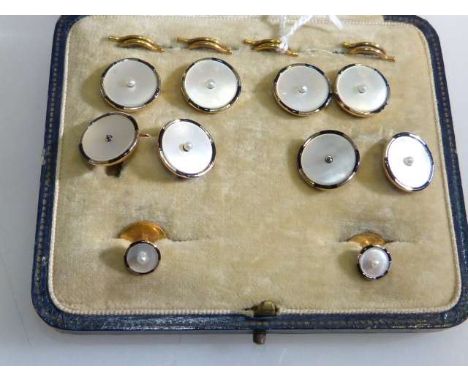 Enamel, seed pearl and mother-of-pearl stud and cufflink set, in a Selfridge London box (lacking two seed pearls)