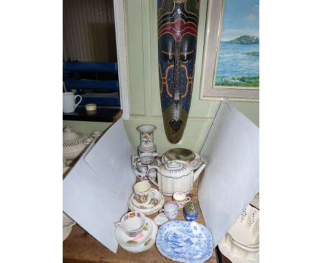 18th and 19th Century china including teapot, cups and saucers, plates and 1980's Australian tribal mask
