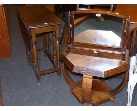 Octagonal walnut coffee table, small oak gate leg table and mahogany toilet mirror (3)