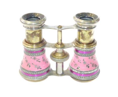 Pair of enamel and brass opera glasses, signed Lamier