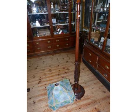 Carved mahogany and fluted column standard lamp and shade