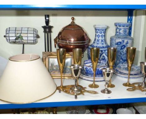 Blue and white vases, bowl and plates, Tiffany style desk lamp, other lamp, copper samovar, etc