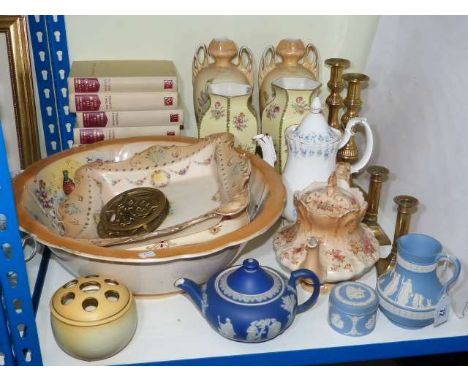 Two pairs of brass candlesticks, Wedgwood Blue Jasper teapot, jug and lidded jar, two pairs of vases, two teapots, books, etc