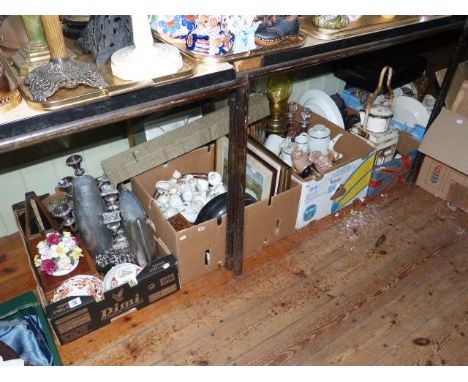 Five boxes of assorted china, railway lamp, pictures, figures, metal wares, glassware, etc