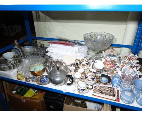 Pedestal glass bowl, Noritake coffee set, collectors teapots, plates, table linen, lustre bowl, silver plated ware, etc