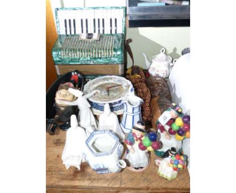 Three Royal Doulton balloon figures, Hohner student V accordion, wood busts, Oriental puppet and assorted china