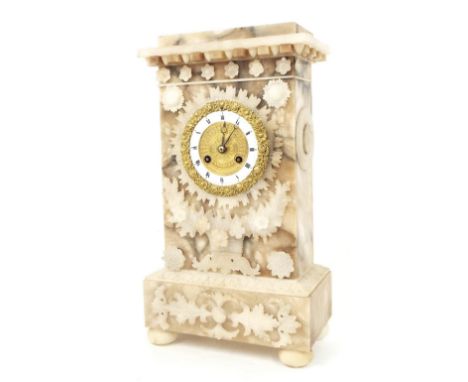 White onyx and alabaster two train mantel clock, the movement with outside countwheel striking on a gong, the 3.25" chapter r