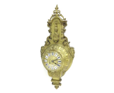 French gilt metal two train cartel wall clock striking on a bell, the 4.5" gilt dial with Roman enamel cartouche numerals, wi