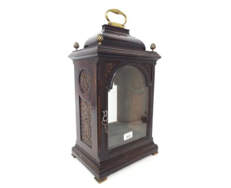Good ebonised fruitwood bracket clock case with aperture for a 7" arched dial, the stepped case with a moulded cornice above 
