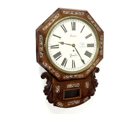 Rosewood single fusee drop dial wall clock, the 12" circular dial signed Dokel, Yeovil, within an inlaid octagonal surround a