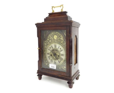 Continental two train verge bracket clock, the pull repeat movement striking on a bell, the 6" silvered embossed arched dial 