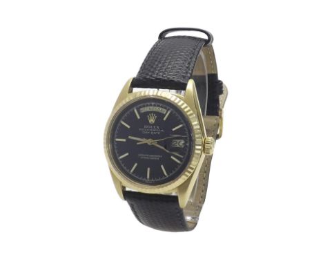 Rolex Oyster Perpetual Day-Date 18ct gentleman's wristwatch, ref. 1803, serial no. 309xxxx, circa 1971, fluted bezel, black d