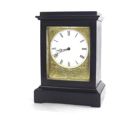 Small French ebonised V.A.P. mantel clock, the 2.75" white dial within a foliate engraved gilt mask, within a stepped case, 6