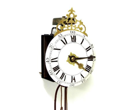 Comtoise wall clock, the 7" white dial with central alarm dial, surmounted by a pierced foliate fret and bell (pendulum and w