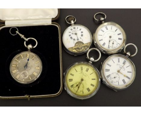 Silver Hebdomas eight days pocket watch; together with two silver cylinder engine turned pocket watches, silver lever engine 