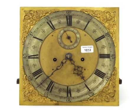 Eight day longcase clock movement, the 12" square brass dial with silvered chapter ring enclosing a matted centre with subsid