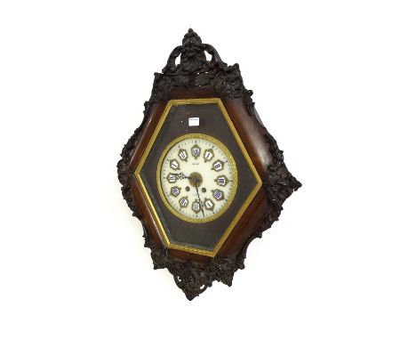 Good French rosewood vineyard two train wall clock, the movement striking on a gong, the 10" white alabaster dial with raised