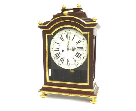 Early French two train bracket clock with verge escapement striking on a bell in the arch, the 8" white dial within a glazed 