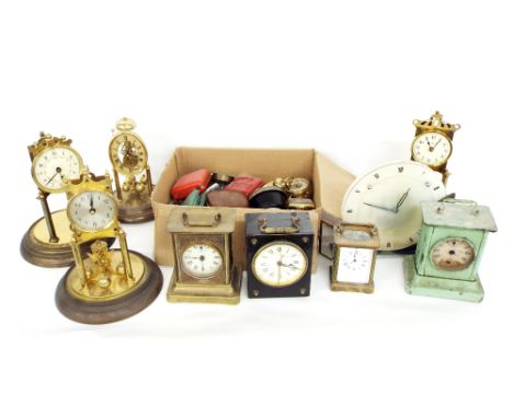 Quantity of various clock timepieces to include torsion clocks, carriage type clocks, a Smiths car clock and various small tr