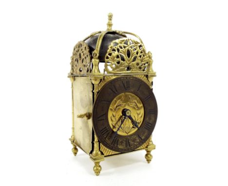 Small brass lantern clock timepiece, with French carriage type movement, 7.5" high