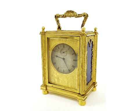 Fine English fusee chronometer carriage clock, the back signed Mortimer & Hunt, London to the left of the silvered arched the