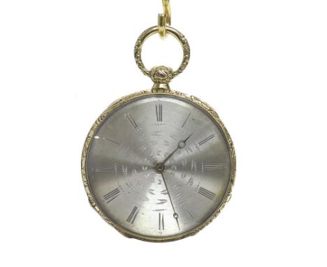 Swiss 18k gold cylinder pocket watch, the gilt movement stamped Stauffer, Geneve, the silvered dial with Roman numerals and m