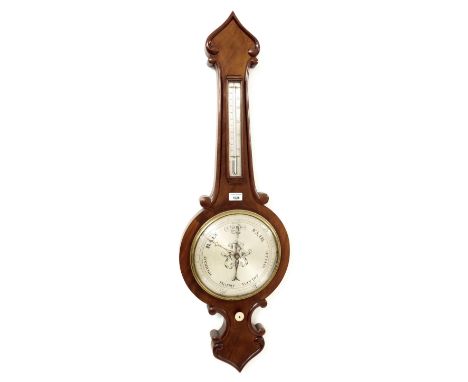 Walnut banjo barometer/thermometer, the 10" silvered scale within a shaped case applied with C-scroll borders