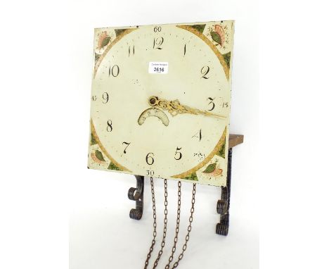 Thirty hour hanging wall clock, the 11" painted square dial with calendar aperture, over later metal bracket supports