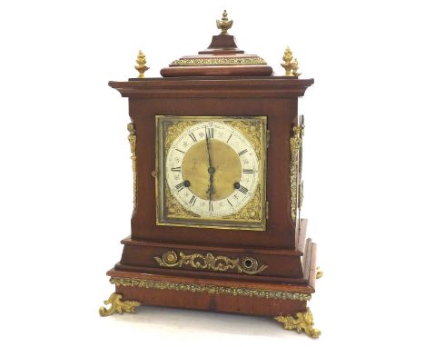 Mahogany two train bracket clock, the movement striking the hours and quarters on one large and three small gongs, the silver