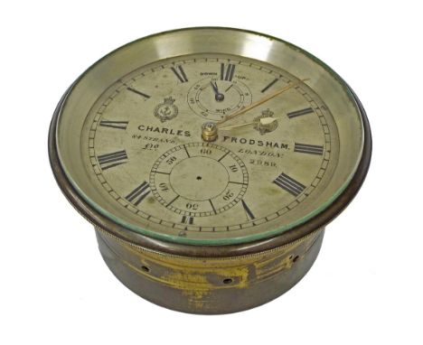 Good English marine chronometer, the 4" silvered dial signed Charles Frodsham, 84 Strand, London, no. 2989, with state of win
