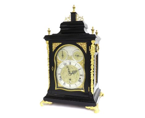 Fine English ebonised and ormolu mounted triple fusee verge bracket clock, the 6.75" silvered chapter ring enclosing a finely