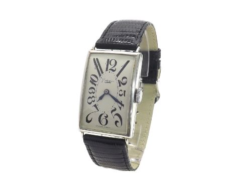 Large Art Deco silver rectangular wristwatch, import hallmarks for London 1926, silvered dial with exaggerated Arabic numeral