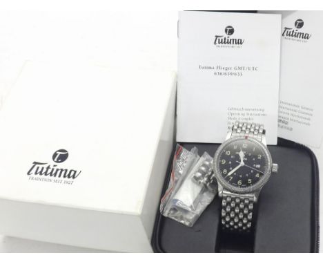 Tutima Classic Flieger GMT automatic stainless steel gentleman's bracelet watch, ref. 635-01, rotating bezel, black dial with