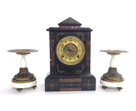 French black slate and red marble two train mantel clock with Ansonia movement, 12.5" high; also a pair of white marble and g