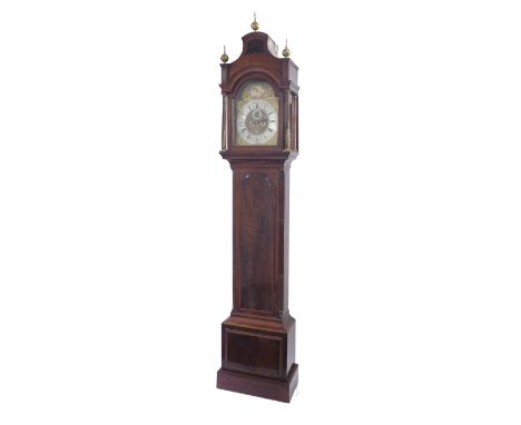 Mahogany eight day longcase clock with five pillar movement, the 12" brass arched dial signed John Barrow, London on the silv