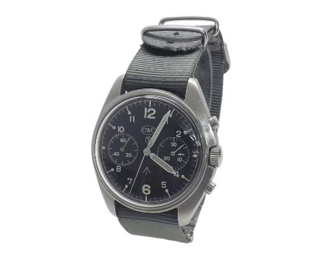 CWC (Cabot Watch Company) Military issue chronograph issues stainless steel gentleman's wristwatch, circa 1982, the black dia