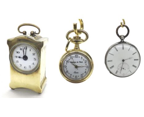 Continental white metal cylinder pocket watch, modern quartz fob watch and a brass cased travel alarm clock, 3.5" high (3)