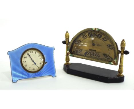 Small Art Deco type brass easel desk timepiece with coloured enamel mounts, 4.5" high; together with a small hallmarked silve