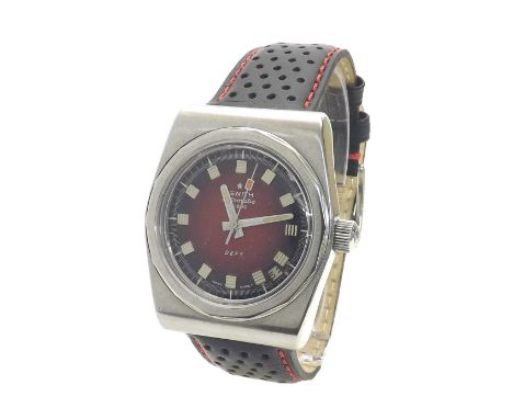 Zenith Defy 28800 automatic 1970s stainless steel gentleman's wristwatch, the circular two-tone red/black dial with sweep cen