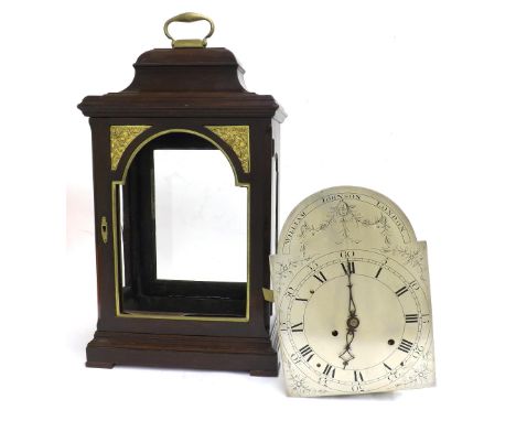 English mahogany double fusee verge bracket clock (in need of restoration), the 8" silvered arched foliate engraved dial sign